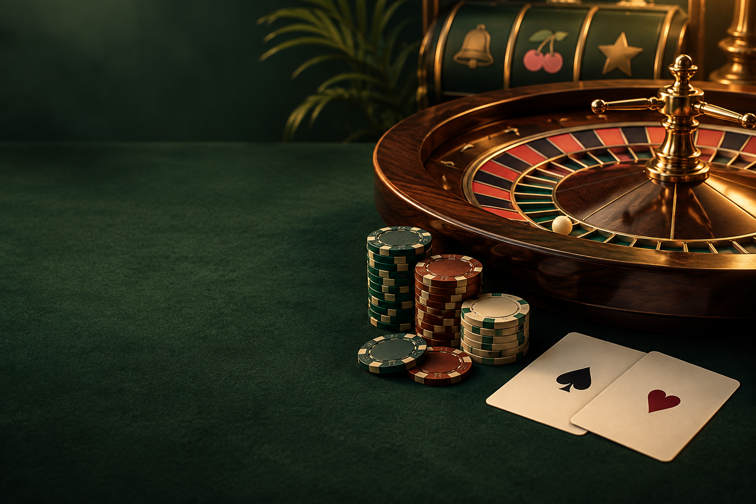Interior kasino ilustratif dengan roda roulette, kartu, dan keping dalam cahaya tembaga